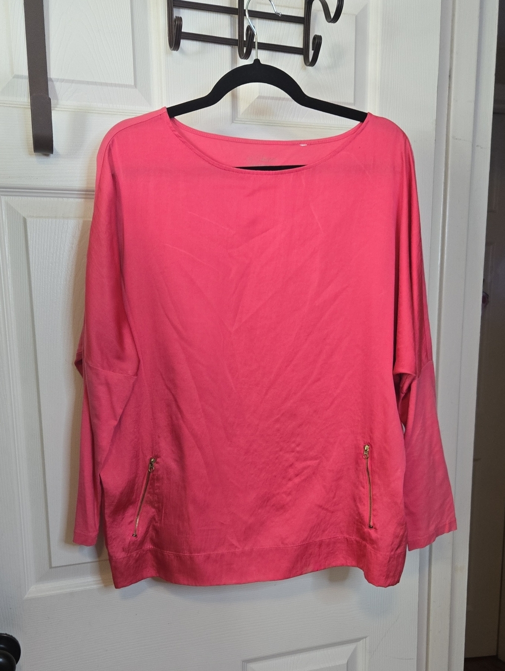 Chico's Pink Boatneck Top with Gold Zipper Pockets
